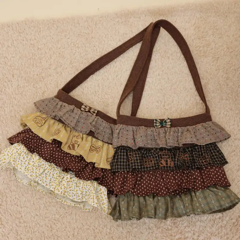 

New Original Fashion Splicing Color Contoasting Lotus Leaf Ruffle Woolen Hemp Vertical Square Single Shoulder Diagonal Cross Bag