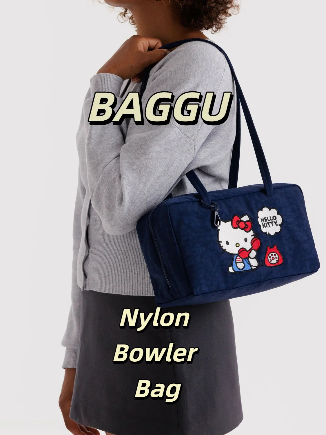BAGGU Embroidered Collaboration Nylon Bowler Bag Women's Commuter Handbag British Style Rectangular Shape Handheld Zipper Clo...