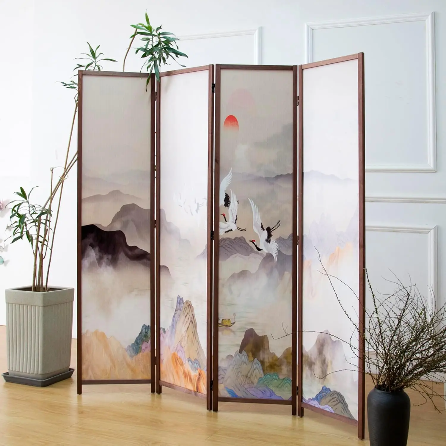 Four Panel Folding Room Divider Screen Colorful Landscape Canvas Art Wooden Frame Partition Screen Folding Privacy Screen Display Shelf Storage Rack Stand For Home Office Bedroom Decor, Multi