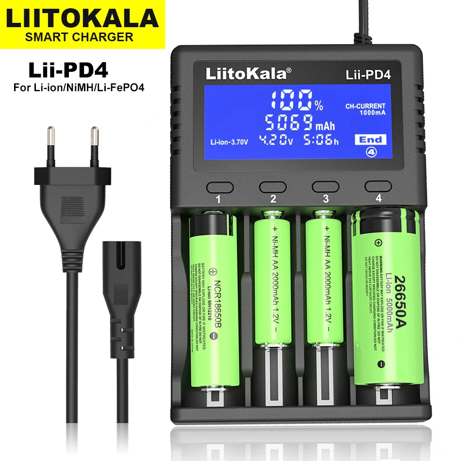 Liitokala Lii-PD4 LCD  NiMH 16340  18650 18350 18500 21700 20700 26650 3.7V/1.2V/3.2V/3.8V  Recharge Lithium Battery Charger