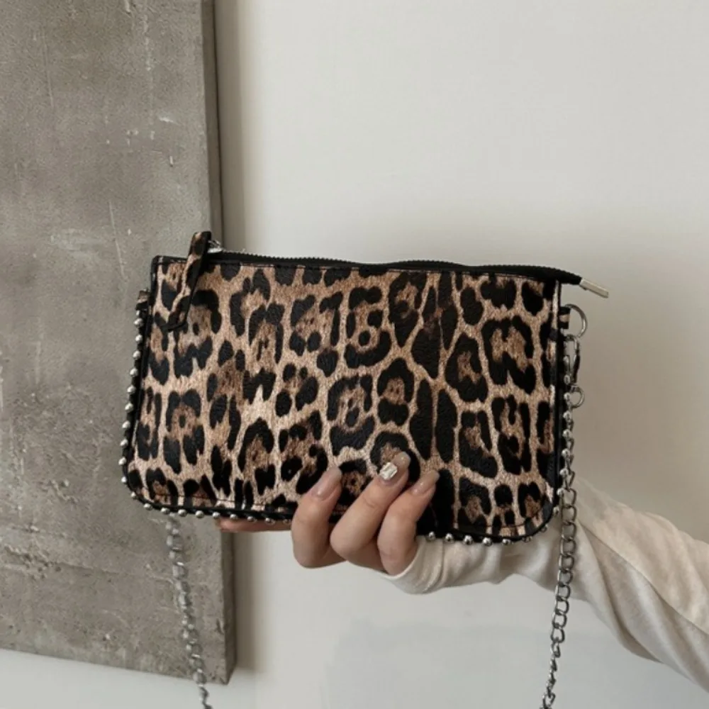 Simple Casual Leopard Print Shoulder Crossbody Bag Women Metal Chain Mini Zipper Purse for Phone Lipstick Cards