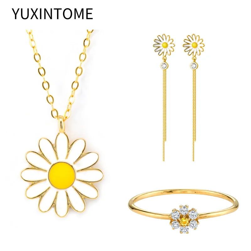 

925 Sterling Silver Daisy Series Jewelry Set Daisy Enamel Pendant Necklace Stud Earrings Rings For Women Luxury Jewelry