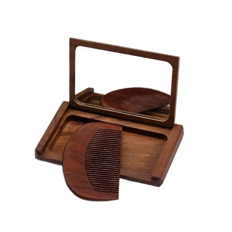 1-teiliges 2-in-1-Mini-Set aus rotem Sandelholz, tragbar, Vintage-Holzkamm und tragbarer Klappspiegel für unterwegs