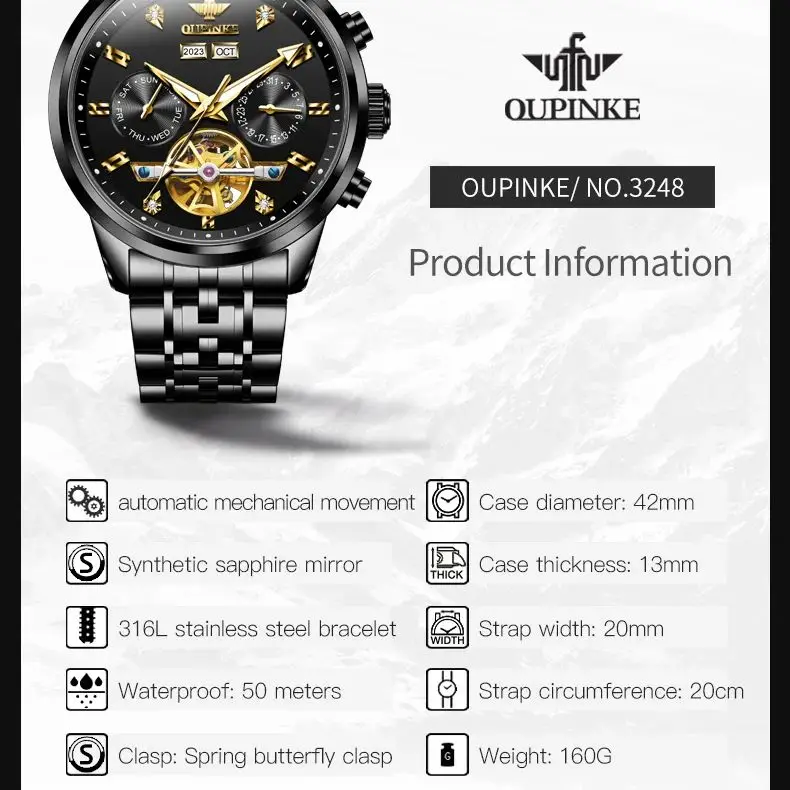 OUPINKE Black Steel Automatic Mechanical Watch for Men Multifunctional Dual Calendar Waterproof Luxury Dress Male Wristwatches