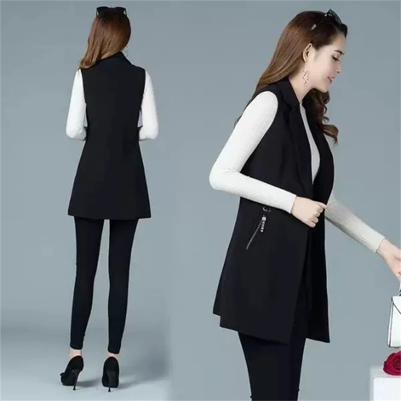 2024 Classic Women Long Blazer Vest Elegant Office Lady Coat Female Waistcoat Casual Suits Sleeveless Jacket Pocket Outwear