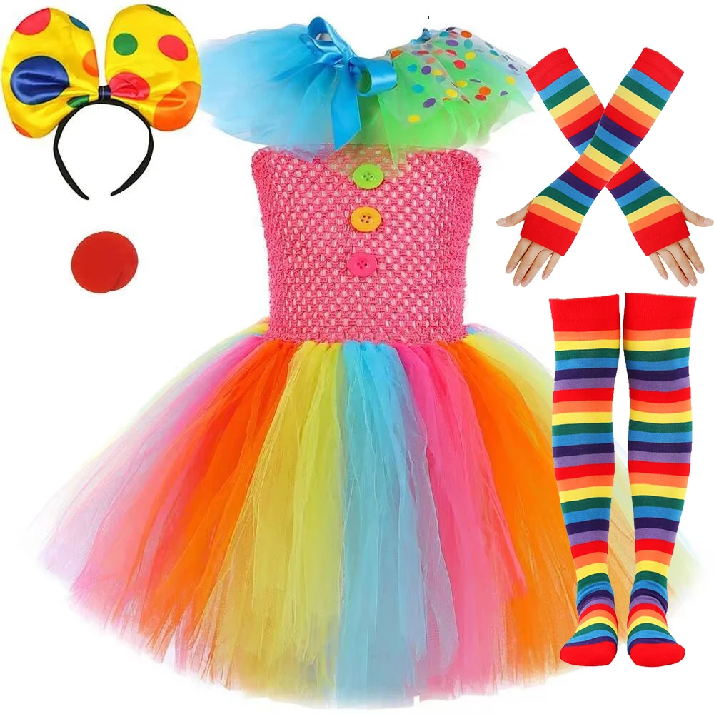 Rainbow Clown Tutu Dress for Girls Circus Carnival Costume Kids Halloween Birthday Outfit with Red Nose & Polka Dot Bow Headband