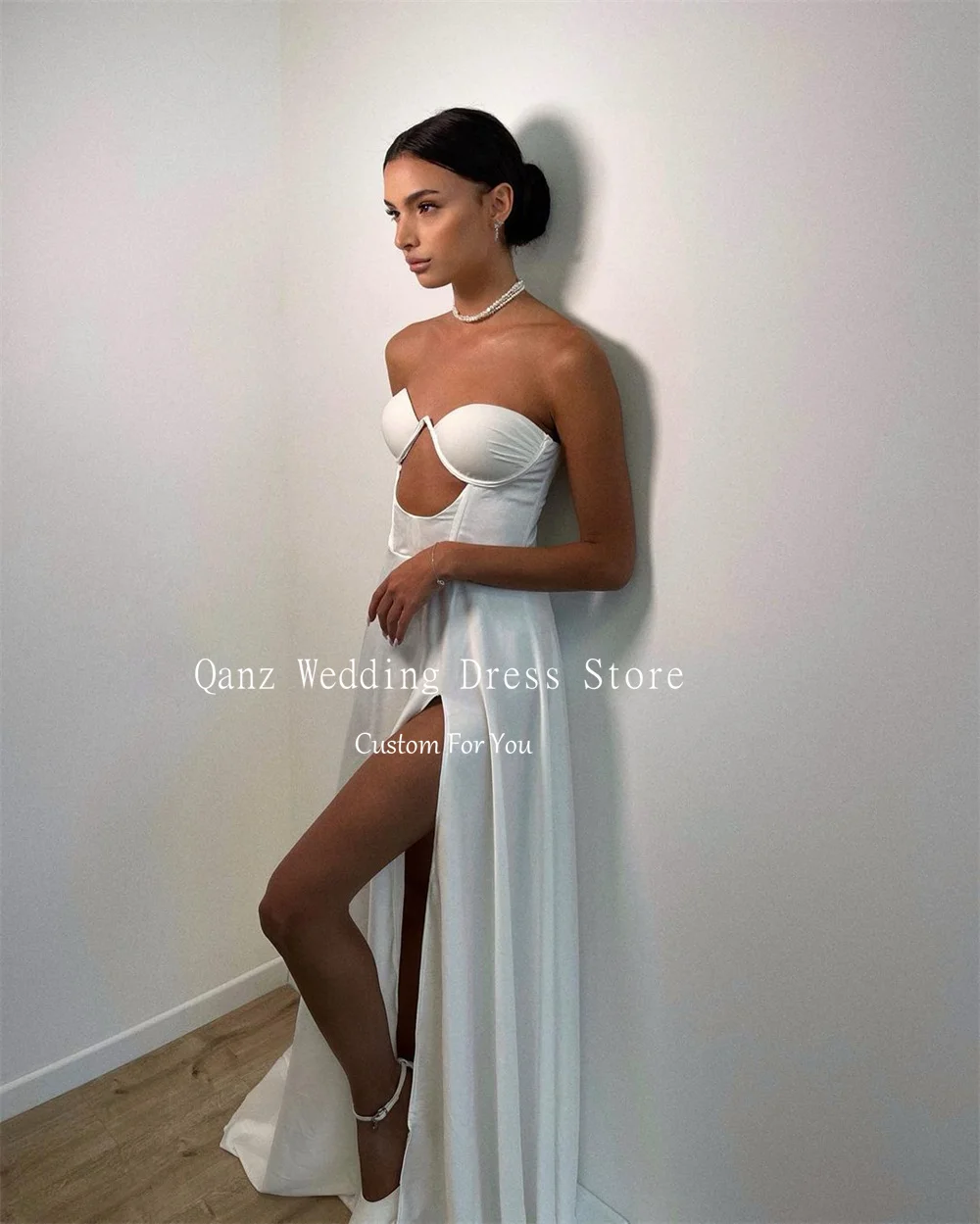 Qanz Sexy Long Wedding Dresses Strapless Slit Vestidos De Novia Sencillo Para Boda Civil A Line Vedtidos De Novia Customized