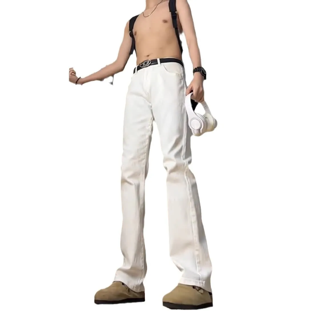 Masculino puro branco fino ajuste pequeno jeans retos estilo americano cintura alta negócios queimado calças roupas masculinas streetwear
