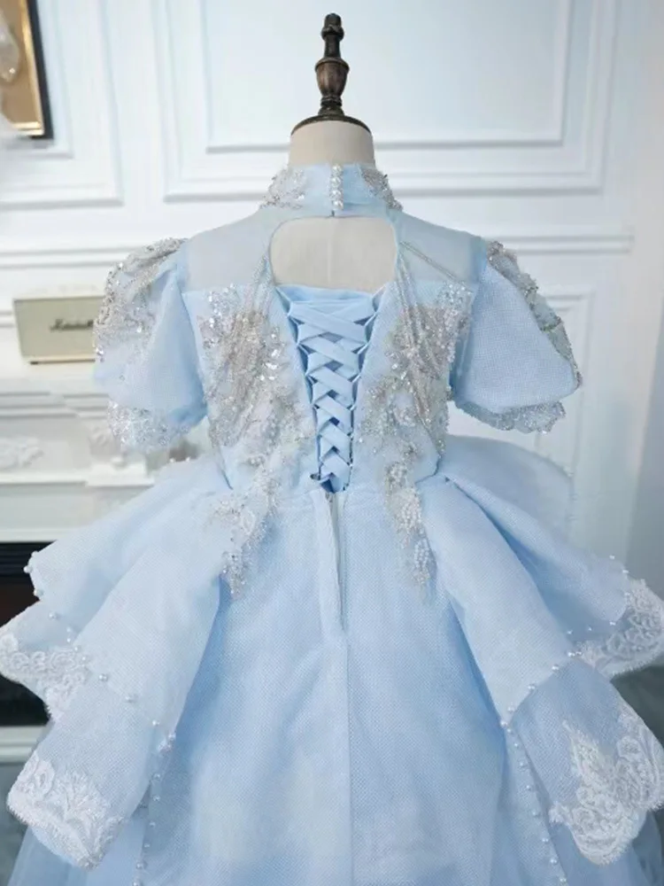 Luxe Baby Blauw Meisje Verjaardagsfeestjurk Korte Mouw Kralen Gezwollen Kinderen Bruiloft Bloem Meisje Infantil Vestidos De Bebé