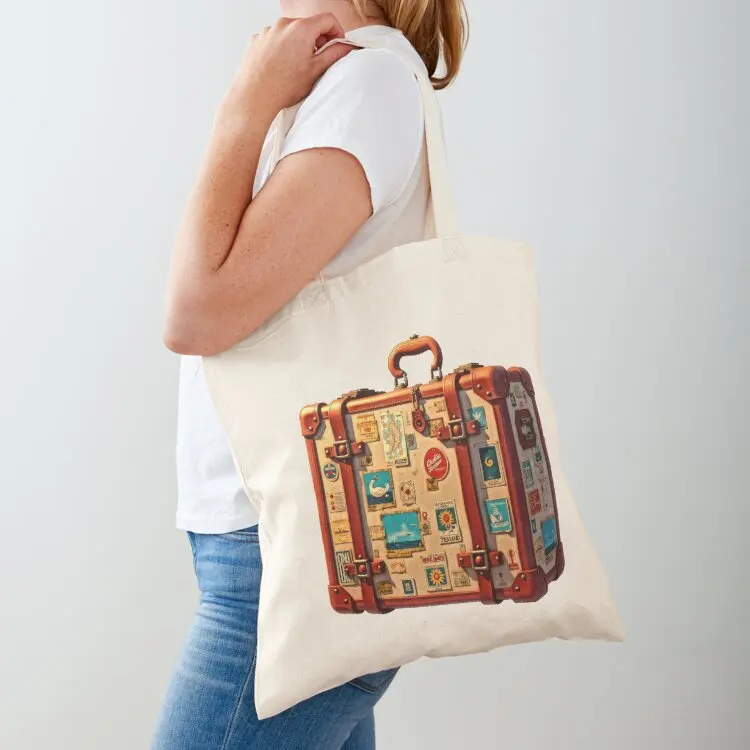 

Vintage suitcase with travel stickers Tote Bag shopping cart bags tote bag screen Woman shopper bag custom fabric