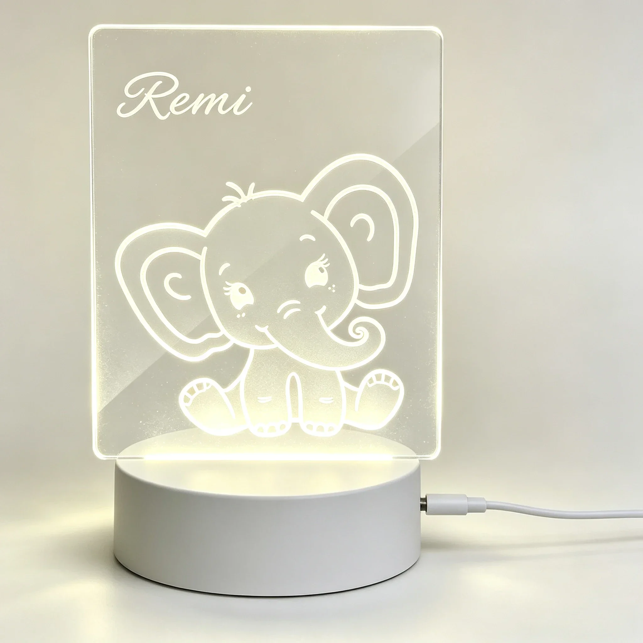 Lámpara Nocturna Acrílica con Silueta de Elefante Bebé, Personalizable con Nombre, Lámpara LED USB para Dormitorio Infantil