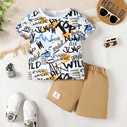 Summer Cool Boys Monogram Short Sleeve Cotton Short Pants Two-Piece Casual Clothing For 4-7 Years Old Kids