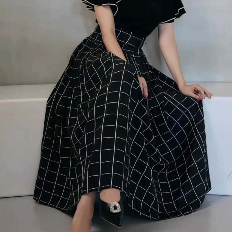 

Japanses Vintage Plaid Long Skirts Women High Wasit Slim A-line Big Swing Skirt 2024 Spring New Fresh Elegant Faldas Mujer