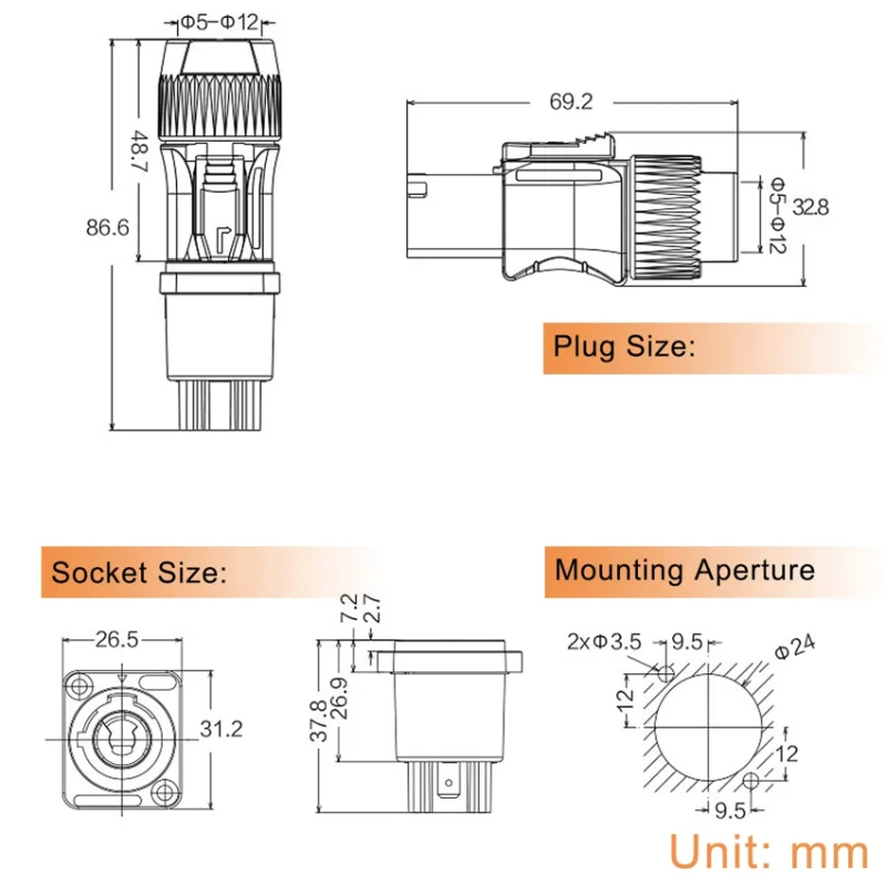 JABS-For Neutrik كابل الطاقة لأضواء المسرح- 10 قطعة 3-Pin ذكر أنثى لموصلات Powercon ، التيار المتناوب 250 فولت 20A لوحة محول جبل