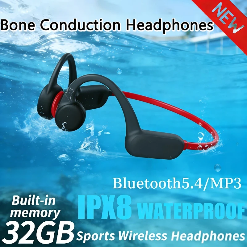 

Наушники с костной проводимостью IPX8 MP3 32 ГБ Bluetooth 5.3 Беспроводные наушники для плавания с микрофоном Водонепроницаемые для фитнеса и тренировок 2026