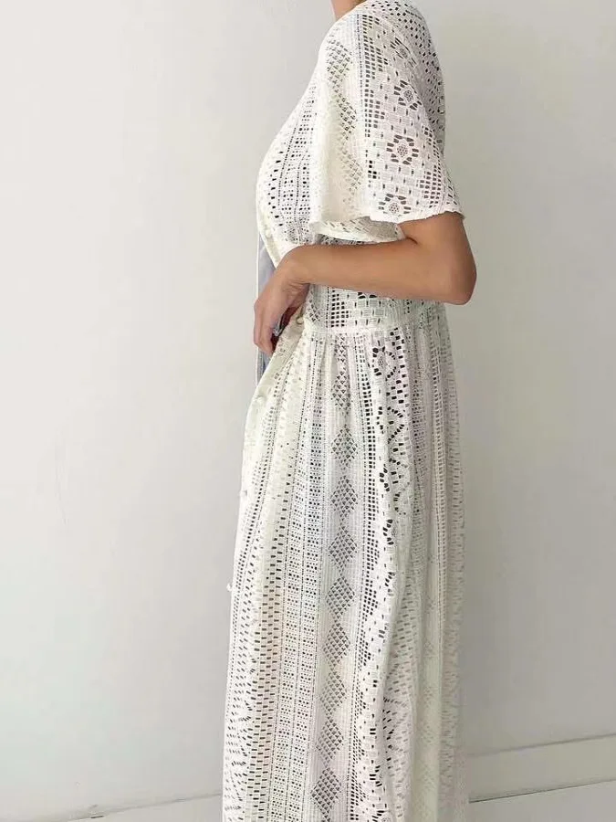 

Women's Lace Hollow out Long irt Single Button Slimming Semi-Transparent Versatile Layering V-Ne Cotton Straight Cut