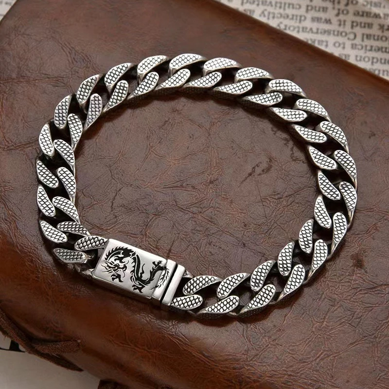 

Domineering Dragon Scale Sterling Silver Bracelet Retro Lattice Pattern Lucky Dragon Bracelet Men Tide Small Exquisite Jewelry