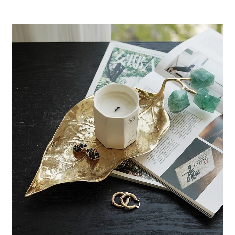 Green Fluorite Retro Desktop Brass Housewarming Gift Leaf Series Storage Key Tray Ornaments Living Room Luxury Porch Home Decor