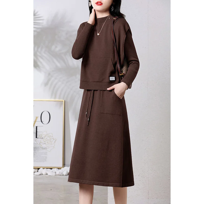 Women\'s Clothing Solid Casual Two Piece Set Knitted Dress Autumn Winter Slim O-neck Thick Warm Drawstring Commute Dress