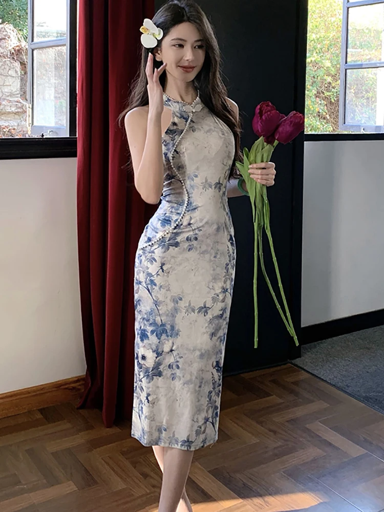 

Women Floral Chic Beading Stand Collar Luxury Long Dress 2025 Korean Vintage Party Dress Gown Summer Elegant Bodycon Night Dress