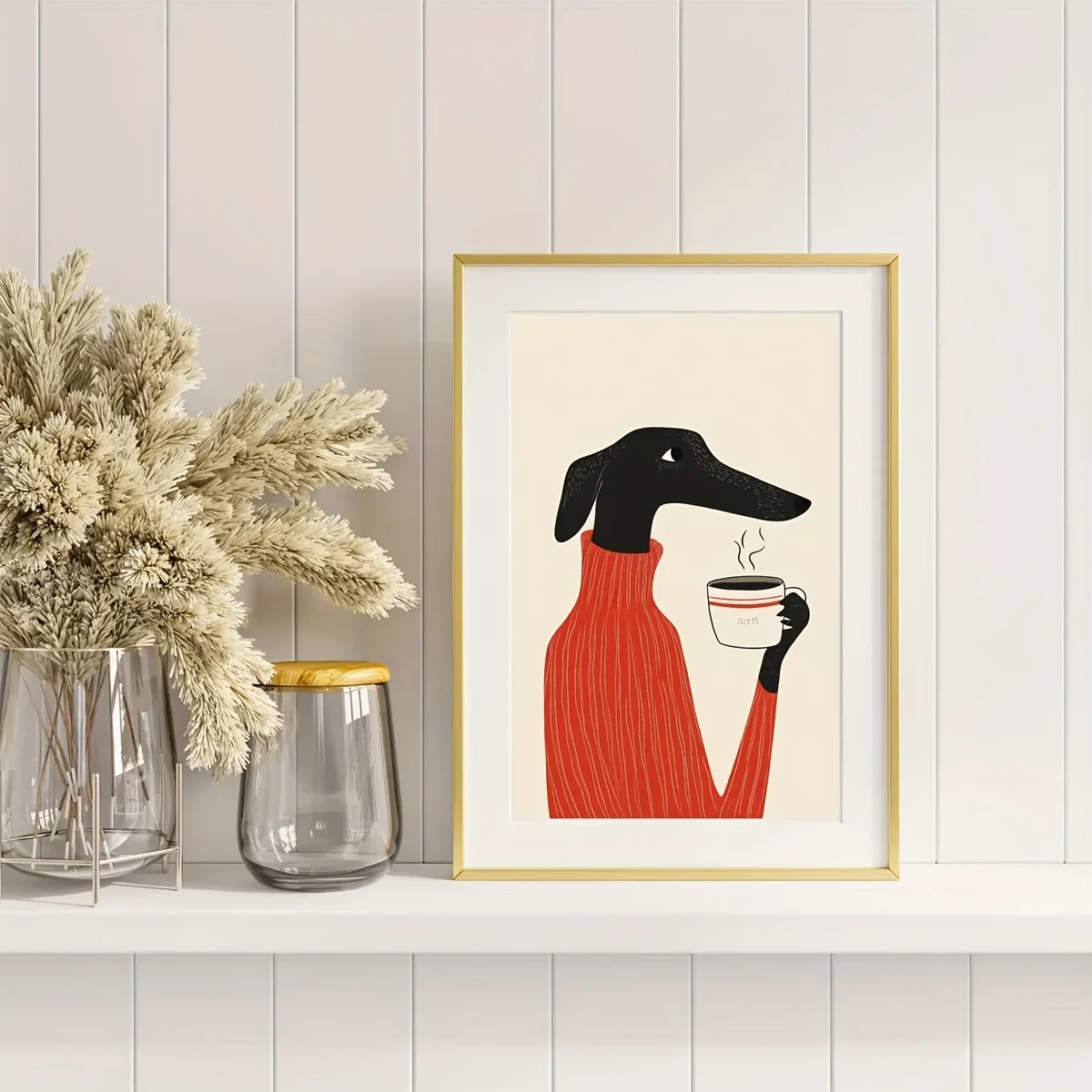Chic Greyhound wall art print featuring a dog drinking coffee; fun dog wall decorations; coffee posters; interesting modern mini