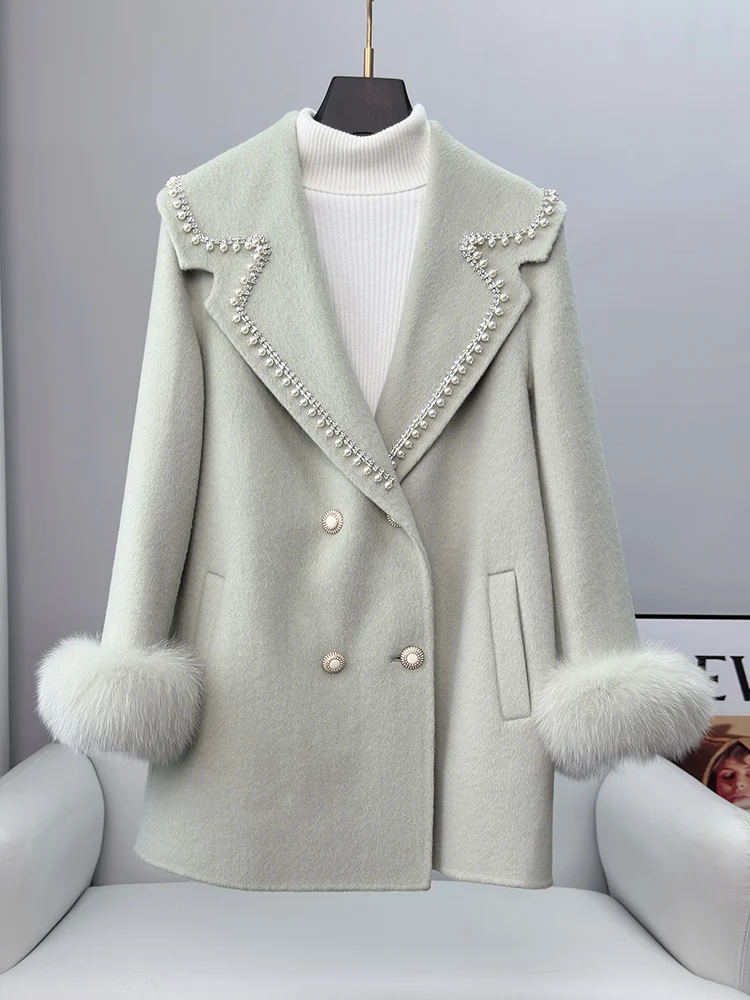 

Suit Collar Double-Sided Alpaca Fleece/Fiber Coat Beaded Fashion Lady Mid-Length Fox Fur Double-Sided Woolen Coat Women