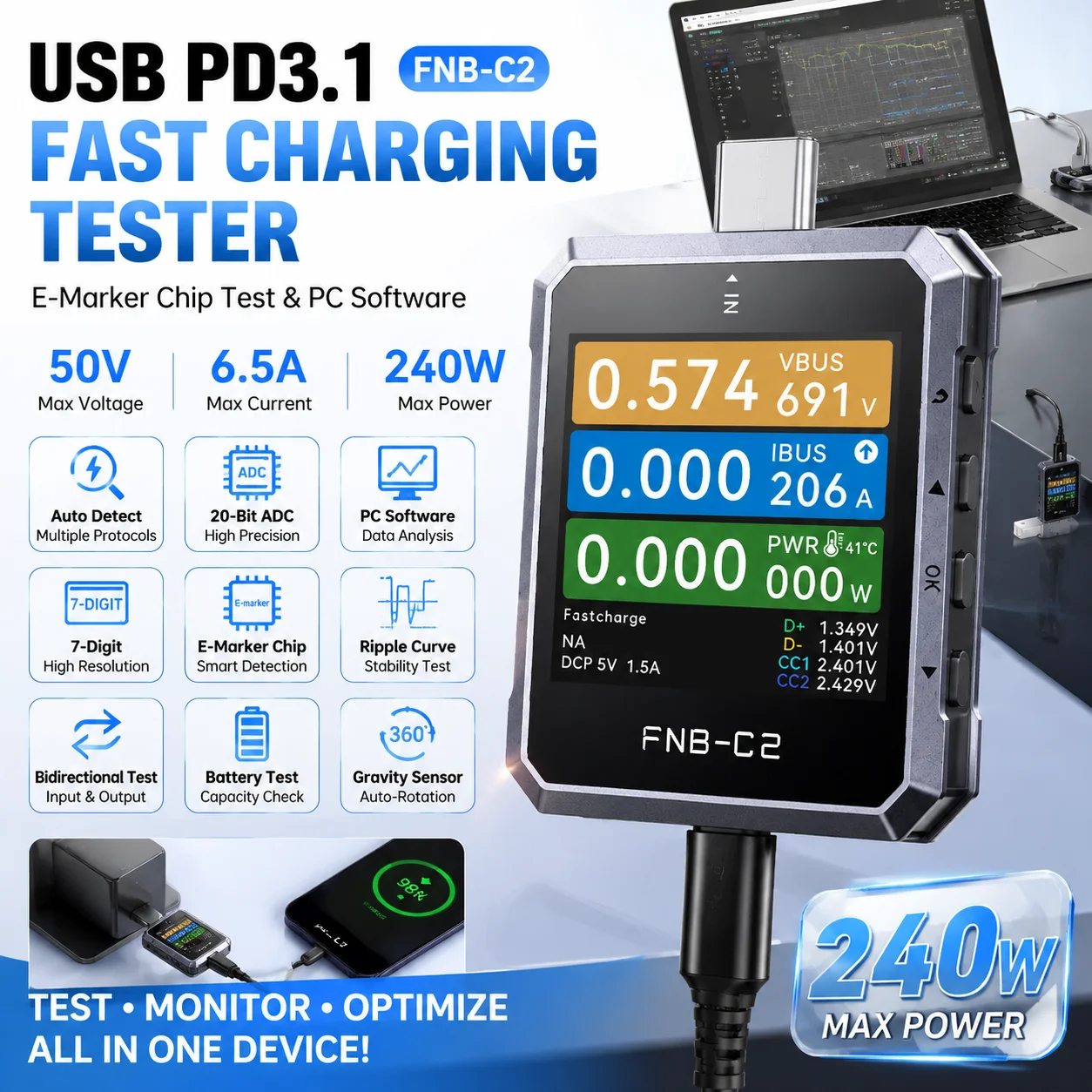 FNIRSI FNB-C2  Fast Charging Tester PD3.1 20-Bit ADC 50V 240W Ripple Curve Battery Capacity Test for Charging