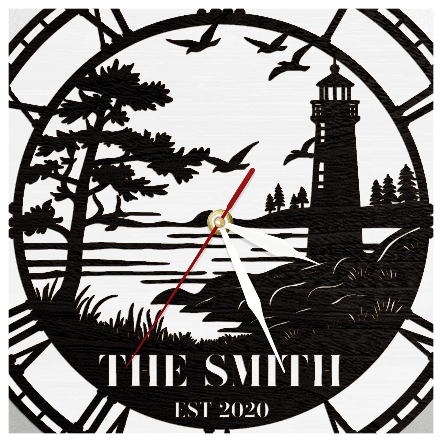 Coastal Seaside Custom Name LED Backlight Wall Clock For Nautical Lover Beach House Multi‑Color Night Light Wooden Wall Clock