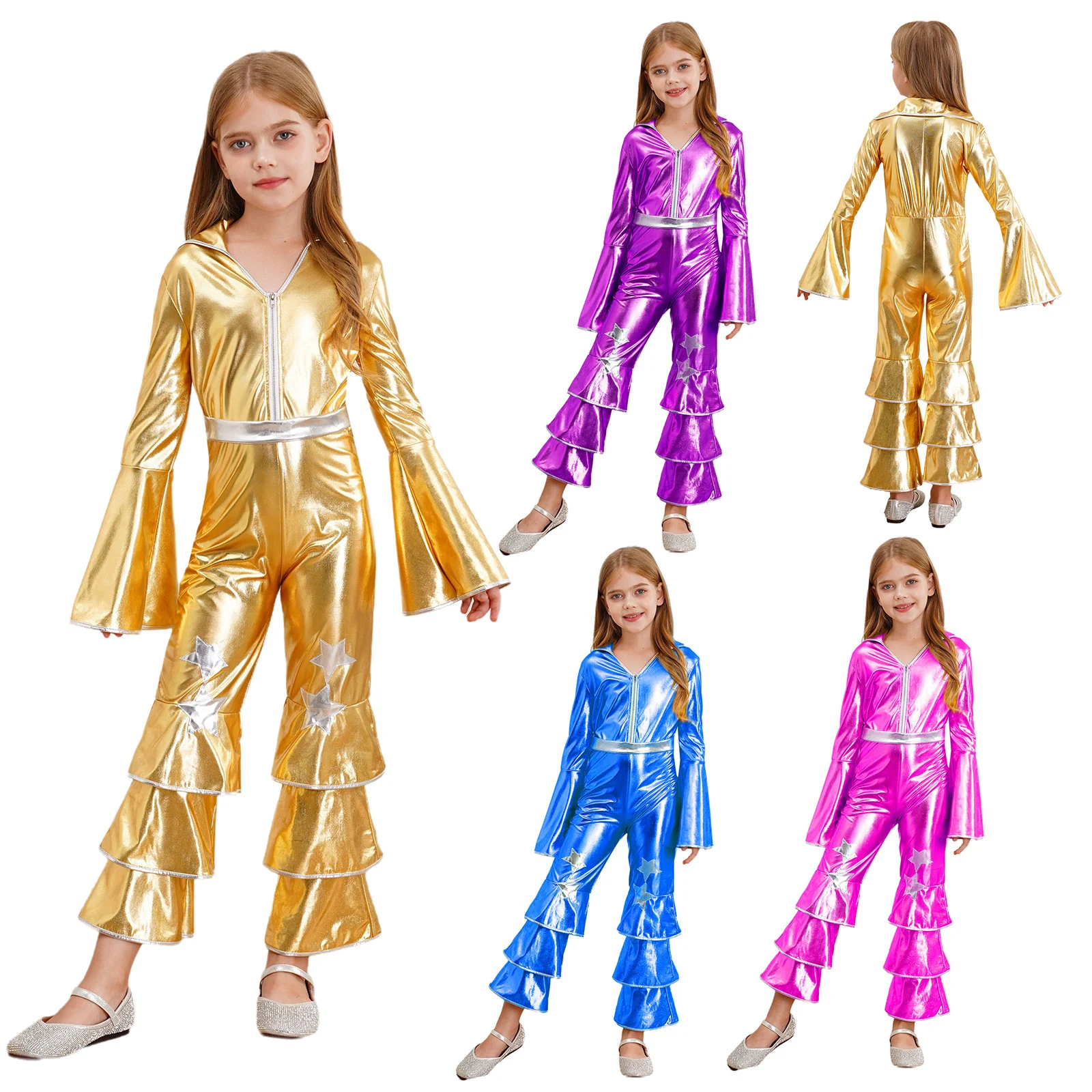 Kids Girls 70s Disco Dance Vintage Jumpsuit Metallic Shiny Flare Sleeve Ruffle Bell Bottom for Halloween Theme Party Cosplay