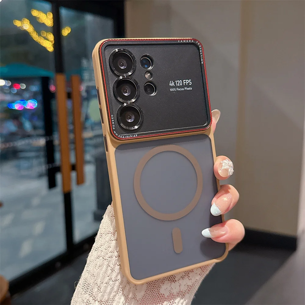 Luxury Lens Protector Frosted Phone Case for Samsung S26 S25 S24 Ultra For Magsafe Magnetic Wireless Charging, Translucent Cover