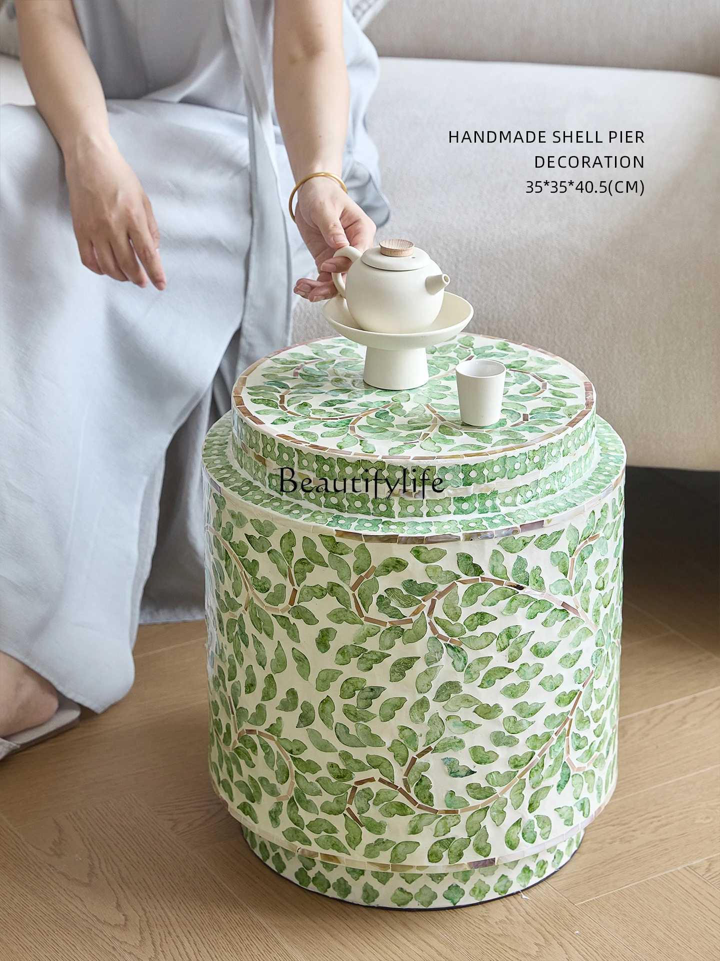 Inlaid edge drum stool Nanyang wind spring green indigo blue and white multi-purpose shoe changing stool