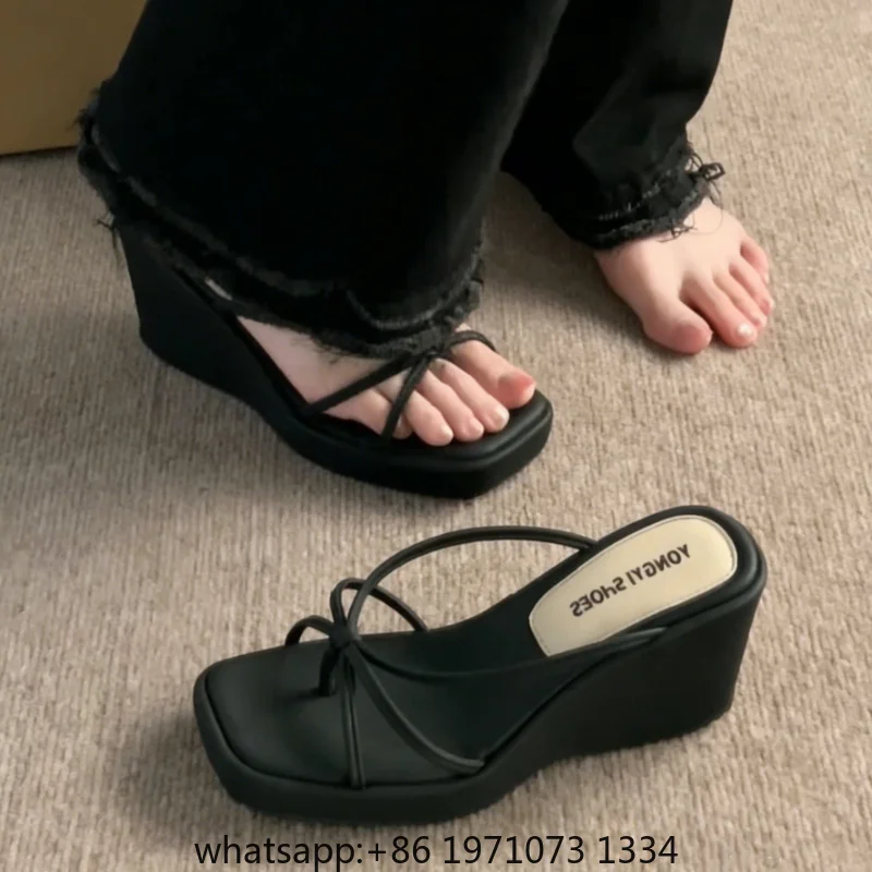 00 Summer Women Wedges Heel Clip Toe Slippers Concise Narrow Band Slide Ladies Outdoor Party Dress Sandalias