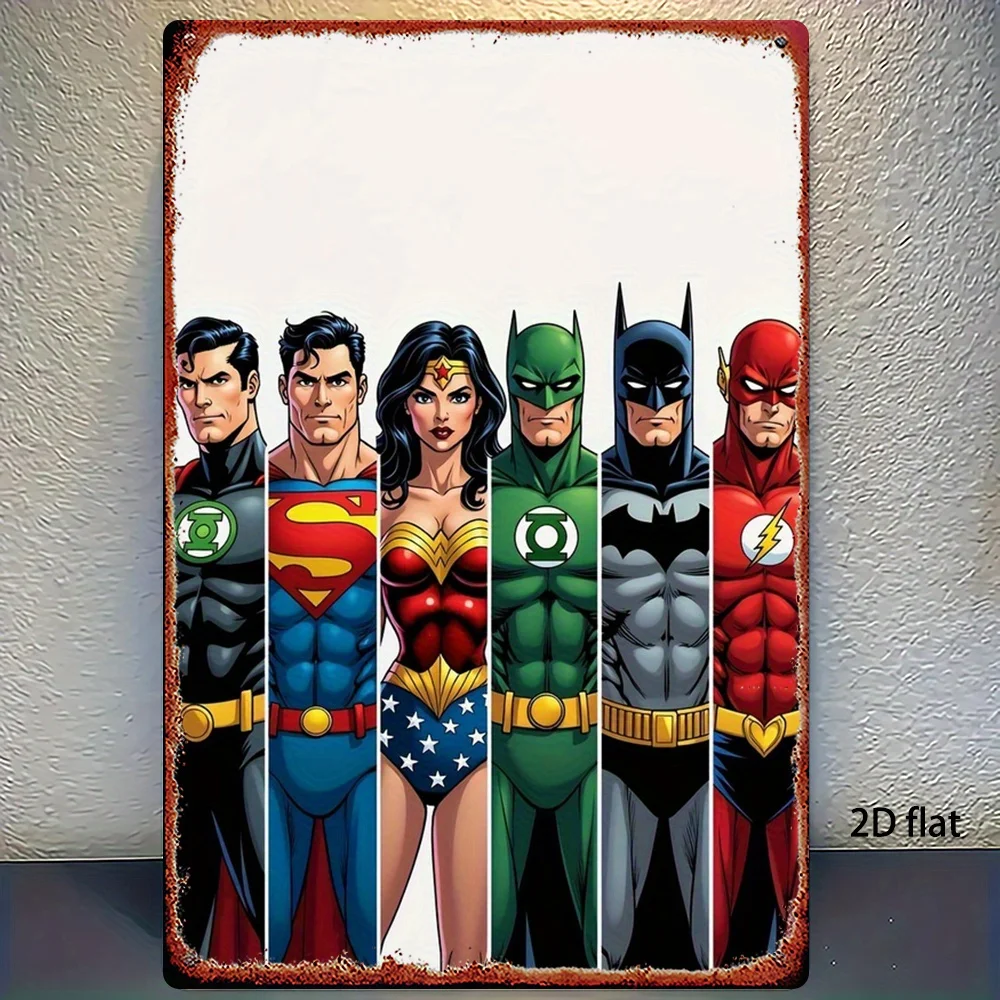 قطعة واحدة من لافتة ديزني المعدنية الرجعية - سوبرمان باتمان فلاش للرجال فانوس أخضر ووندر وومان هيرو كومبو، فن جداري حديدي عتيق للمنزل