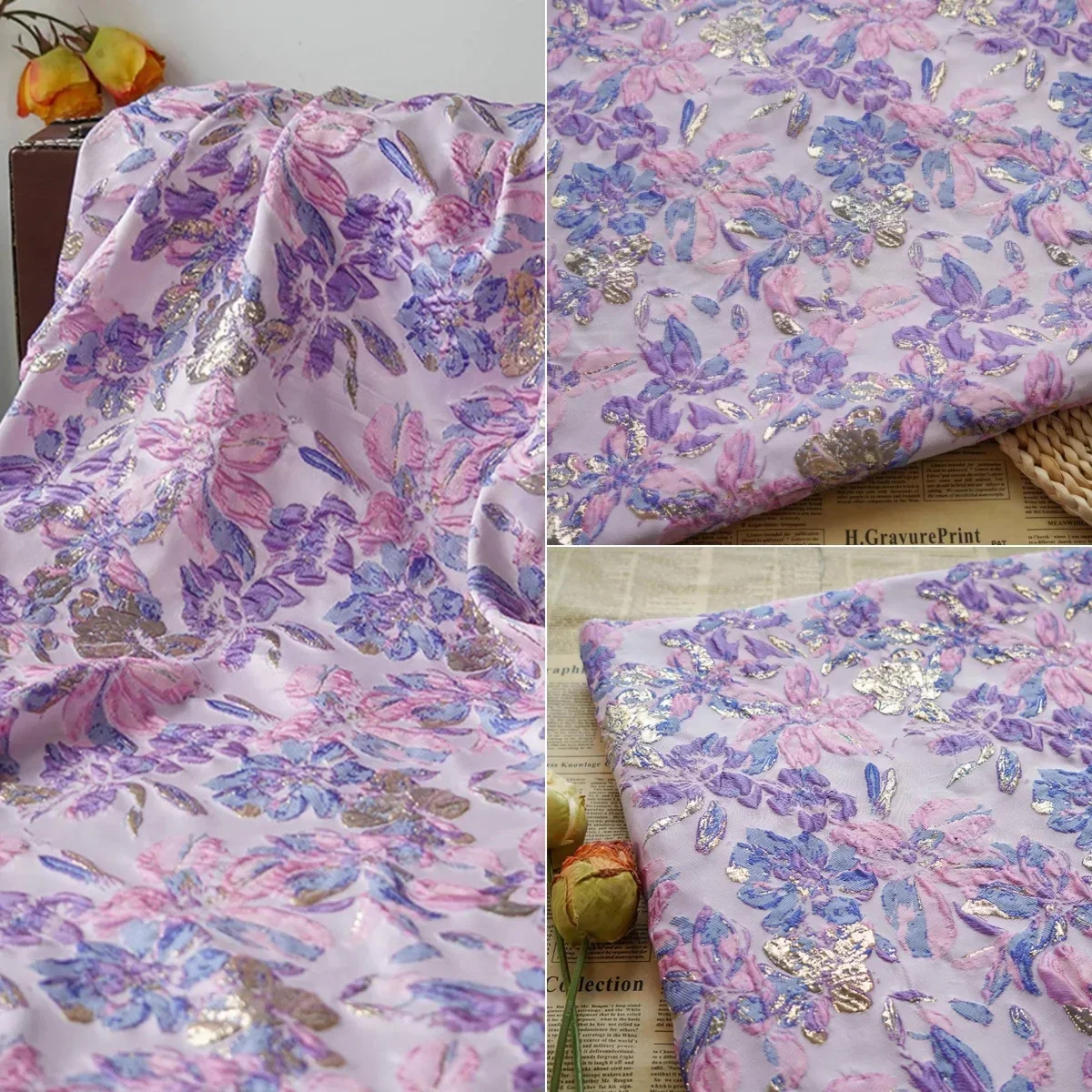 

Розовый, фиолетовый, рельефная золотая проволока, цветочный цвет, тканая пушистая юбка, новый жилет в китайском стиле, платье, жаккардовая декоративная ткань Ципао