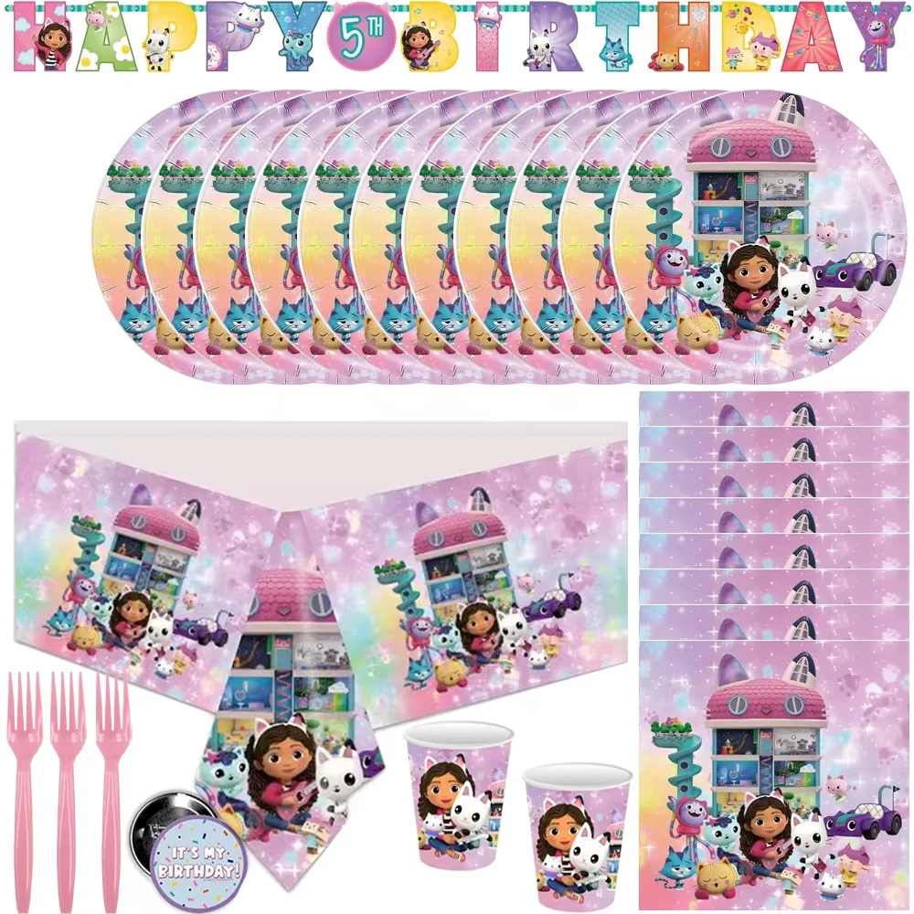 【セール中】ギャビーのドールハウス 猫の誕生日デコレーション 使い捨て食器セット テーブルクロス バッグ 風船 背景幕 ベビーシャワー パーティー用品