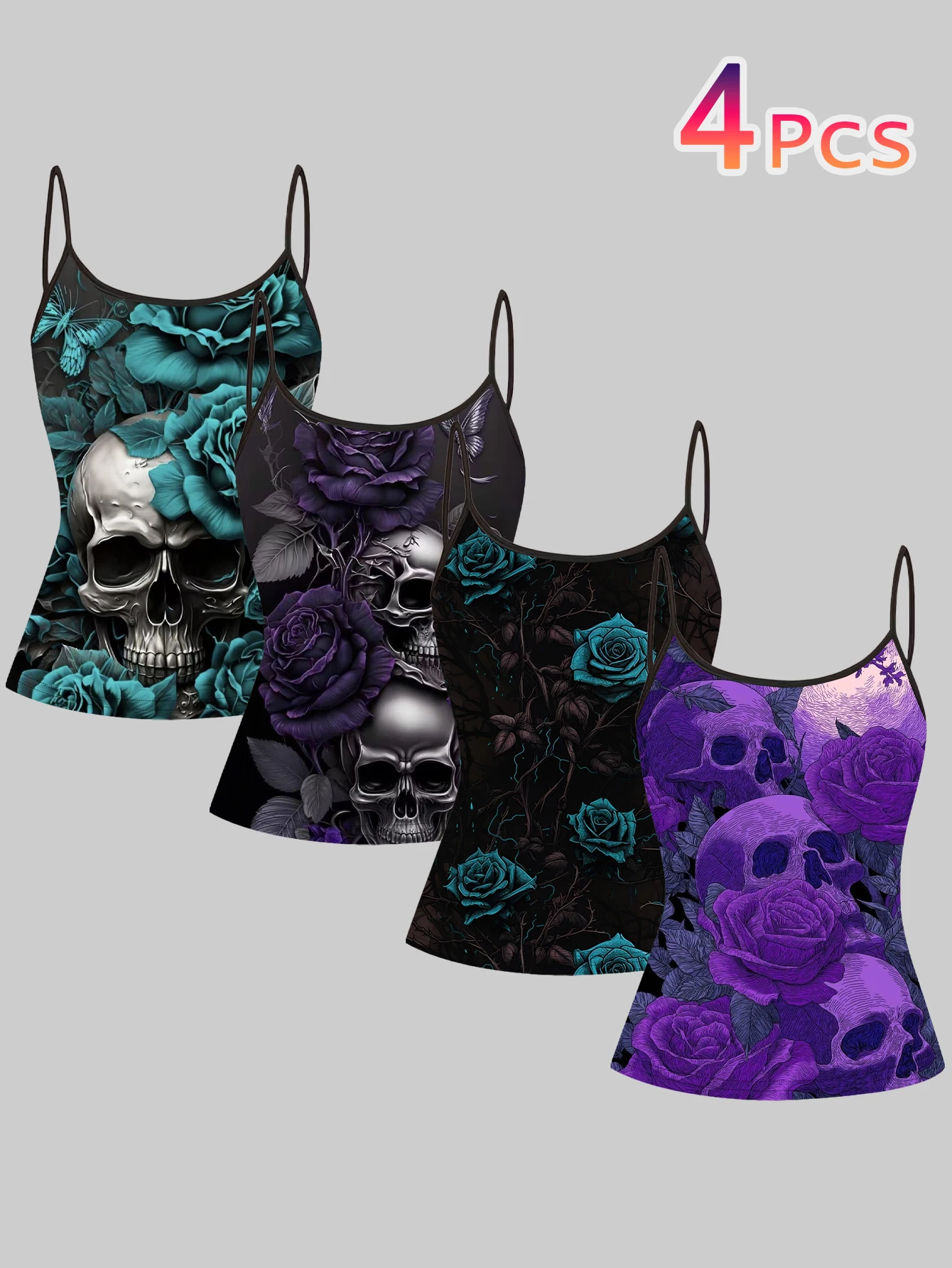 Women's 4-Piece Printed Camisole Set with Blue Rose and White Skull, Purple Rose and Silver Skull, Black Background with Green Rose, Purple Rose and Purple Skull Patterns, Slim-Fit Sleeveless Tops for Outerwear