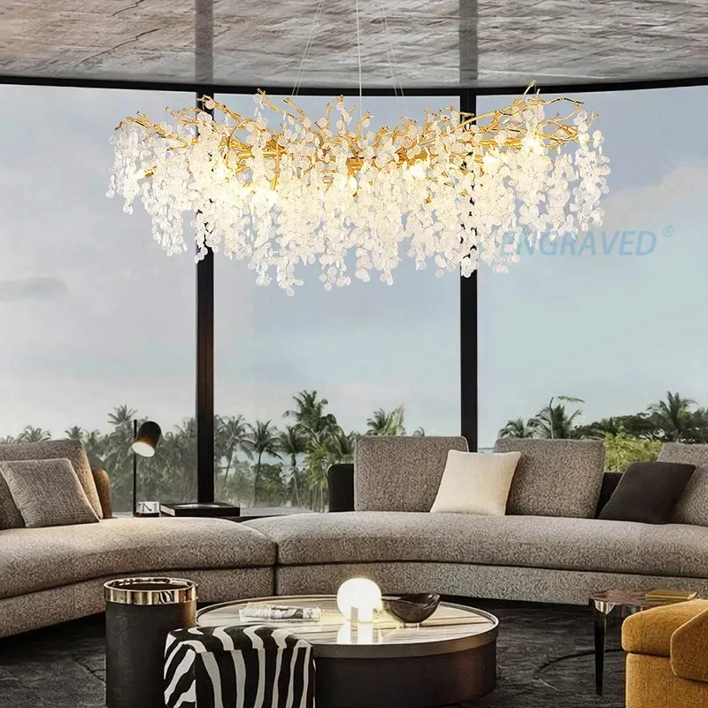 

Engraved Modern Crystal Chandeliers Gold Money Tree Branch Pendant Lighting Round Ceiling Light Fixtures For Dinner room