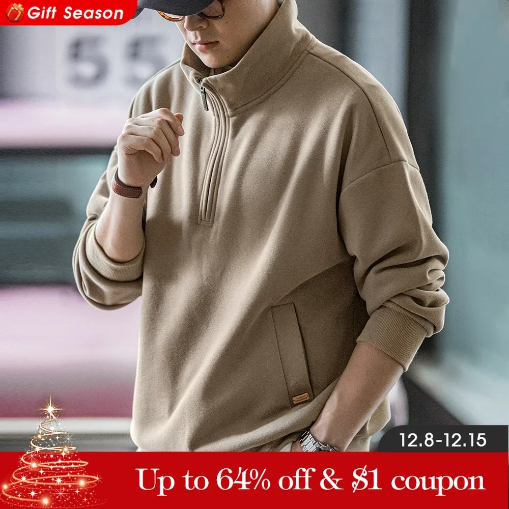 Maden Casual Half-Zip Stand Collar Fleece Sweatshirt Cleanfit Solid Pullover Warm Hoodies Men\'s Fall and Winter Top without Hood