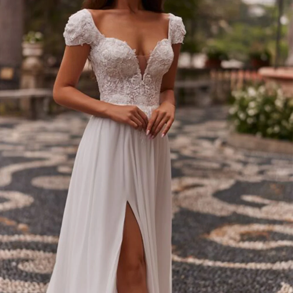 Personalizar vestido de casamento de praia personalizado com decote em v manga boné miçangas apliques chiffon divisão uma linha vestido de noiva espartilho vestido de noiva