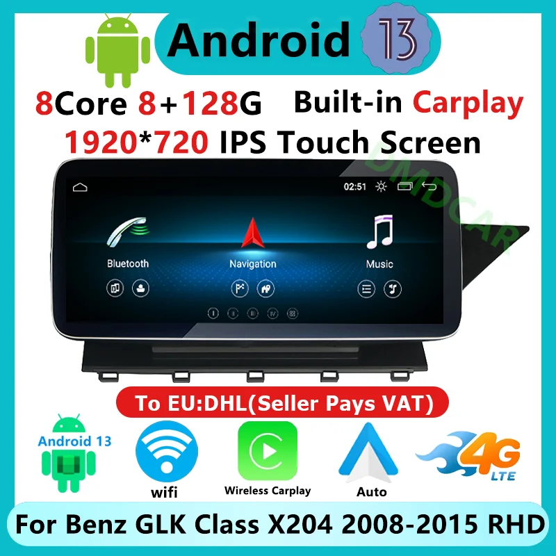 Factory Price 8 Core Android13 Car Multimedia Player GPS Radio Stereo Video AUTO Apple Carplay For Mercedes GLK Class X204 RHD