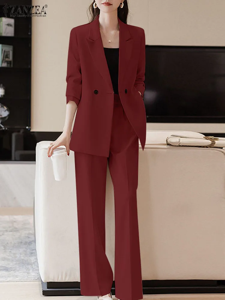 ZANZEA Korean Fashion Blazer Tops 2pcs Suits Autumn 2024 Solid Color Women Elegant Pant Sets Trousers Commute Blazer Suits