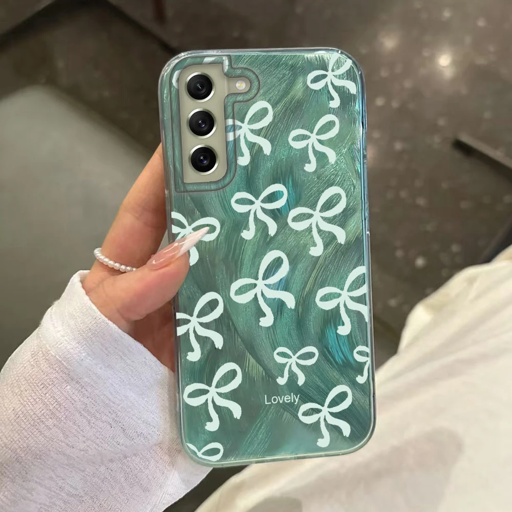 Koreanische Grüne Schleife Mädchen Frauen Handyhülle für Samsung Galaxy S25 S24 S22 S23 S21 S26 Plus S20 FE Ultra 5G Liebesherz TPU Cover