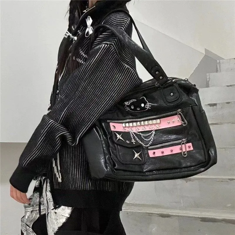 Xiuya Y2k Shoulder Bag for Women Cute Hello Kitty Gothic Chains Rivets Vintage Tote Bag Punk Large Capacity Female New Handbag