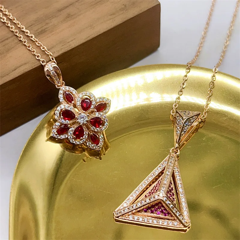 Exquisite ruby series inlay diamond hollow red flower necklace gold-champagne triangle collar chain high-end banquet jewelry