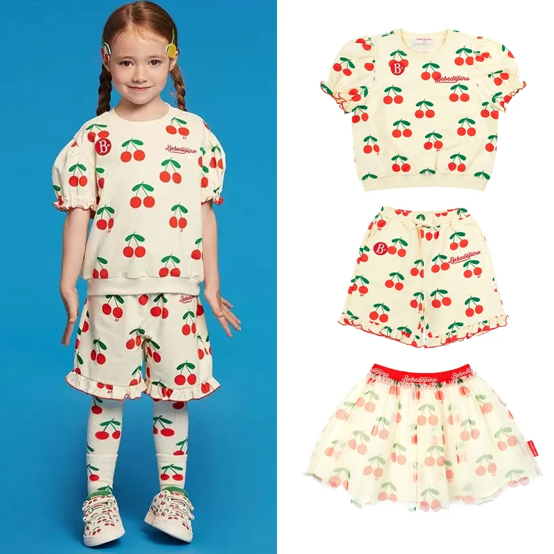

2025 New Summer Children's Clothing Set Korean Girl Cherry Printed Top Shorts Set Cherry Half Skirt with Full Printing Clothing