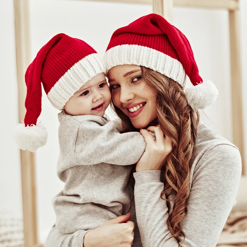 2026 Parent-Child Santa Claus Knitted Hat Mother Baby Cute Christmas Warm Hat for New Year Party Kid Gift Santa Cap Decoration