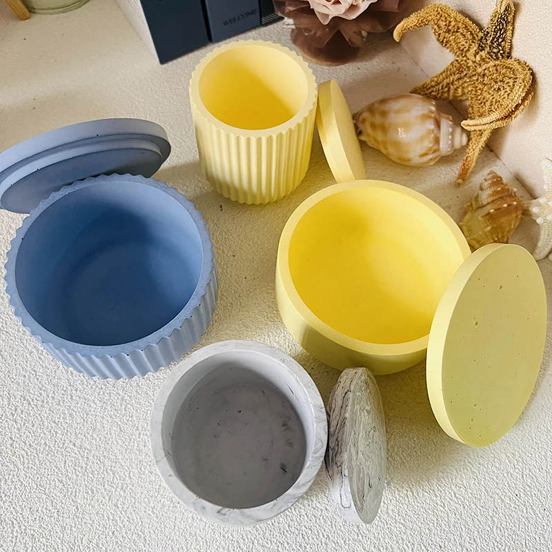 Cement Candle Jar Silicone Mold with Lid Simple Round Striped Concrete Storage Jar Mold Epoxy Resin Pen Holder Flowerpot Mold view 2