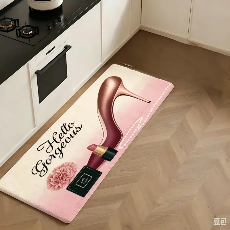 Pink High‑heel Lipstick Perfume Print Long Kitchen Floor Mat, Elegant Fashion Style Runner Rug,Hallway,Indoor Household Floor