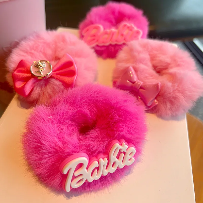 Barbie beauty bow plush hair band cute loli fluffy hair rope barbie pink tie ponytail pill headdresses