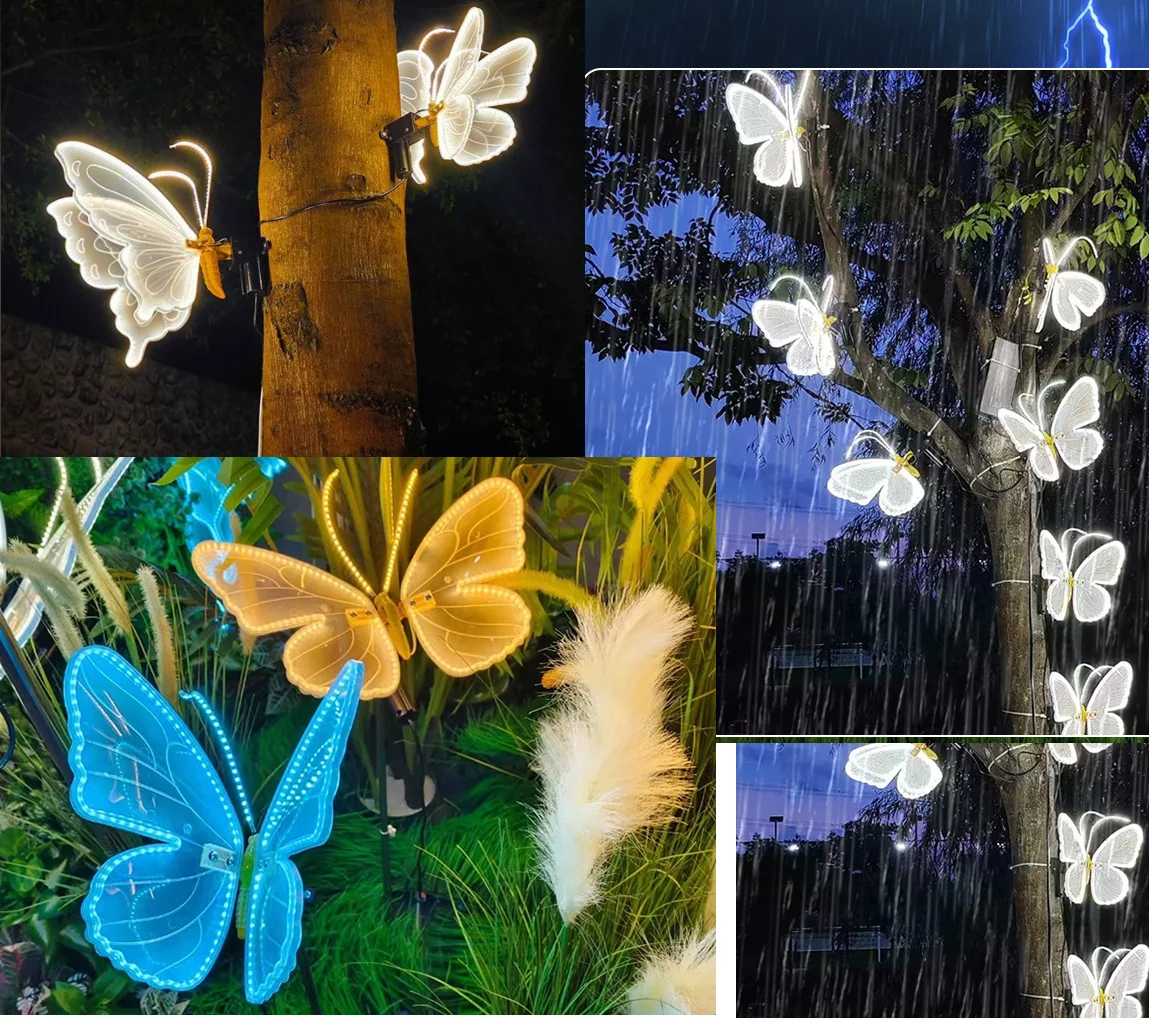 2/4 قطعة فراشة ديكور خارجي فراشة Led أضواء مقاوم للماء تتحرك فانوس ترفرف واقعية لمسار السياج الشرفة سطح السفينة #1